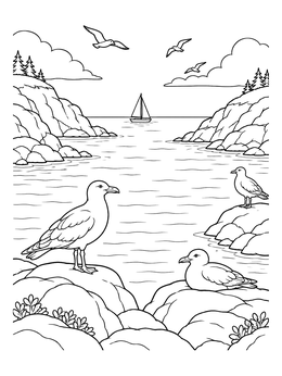 Free printable Coastal Bay With Resting Seabirds coloring page