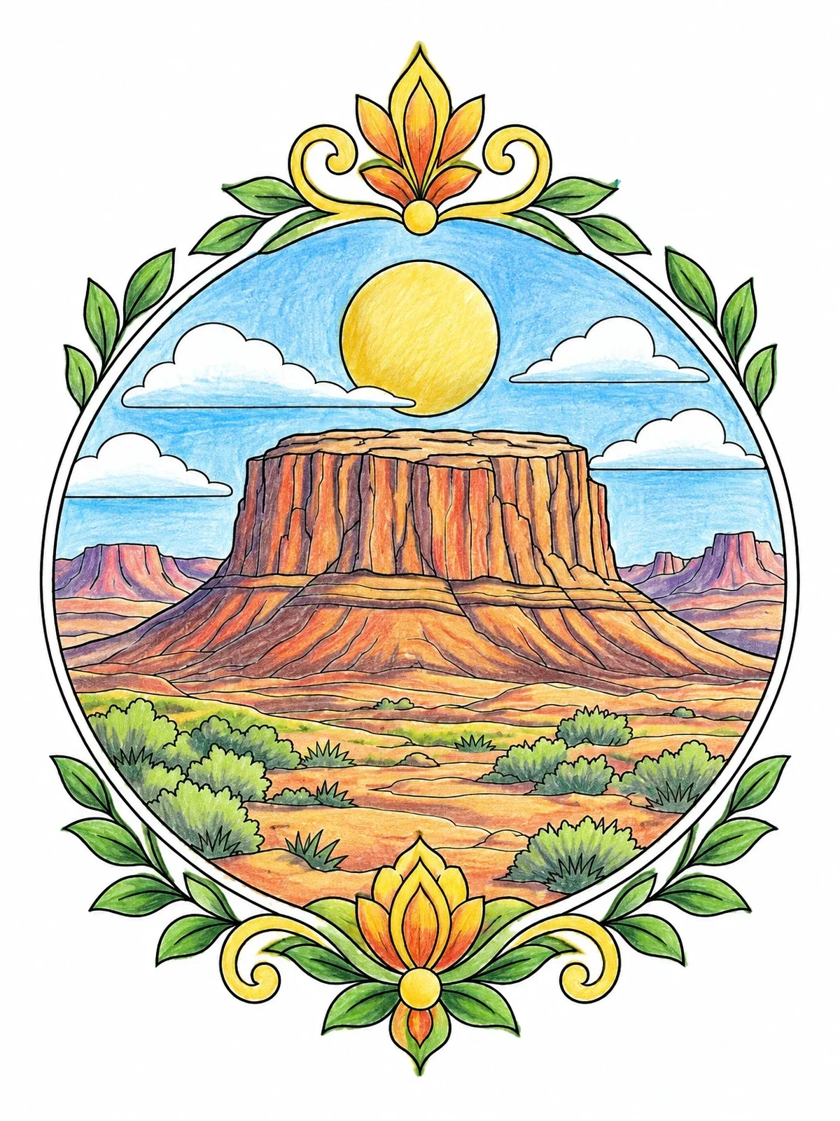 Colored example of the Majestic Desert Plateau Landscape coloring page