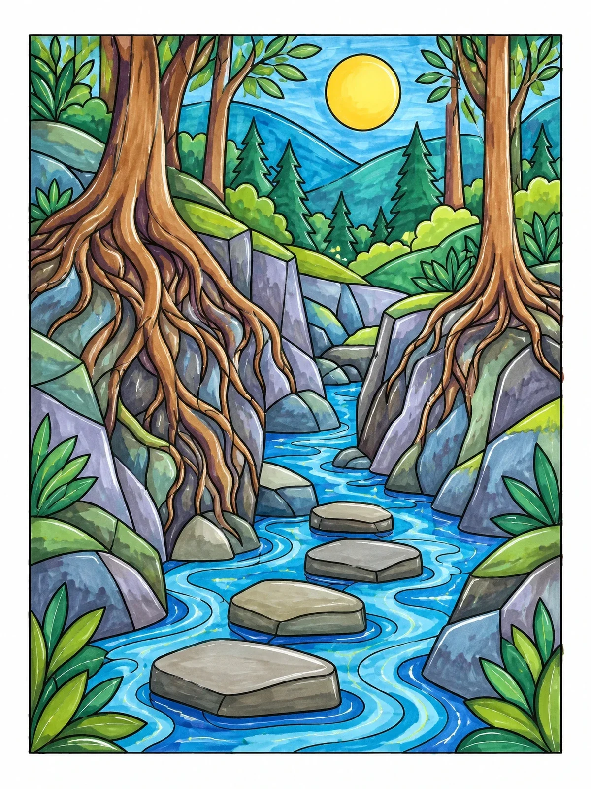 Colored example of the Forest Ravine With Stepping Stones coloring page
