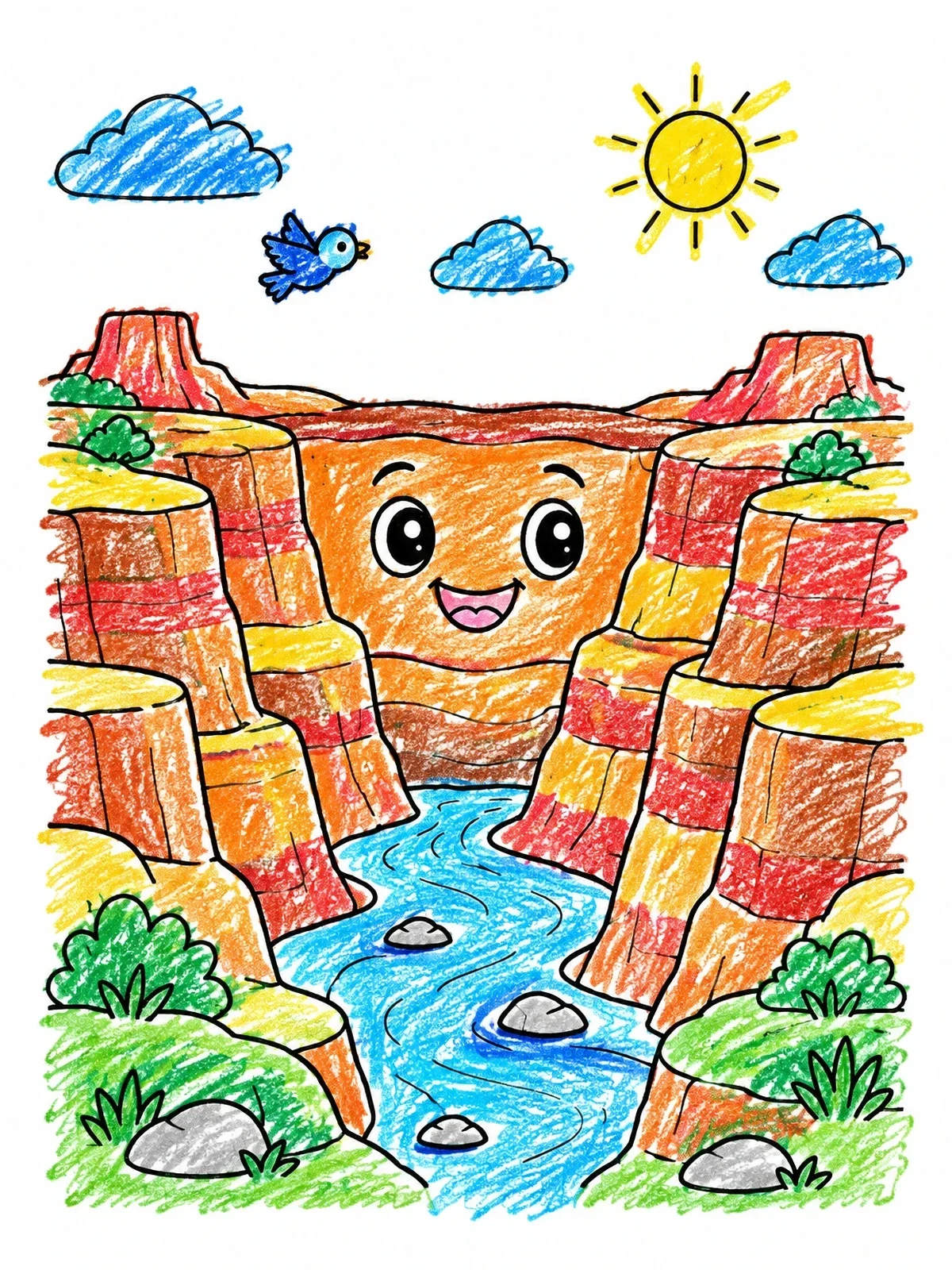 Colored example of the Happy Canyon With River coloring page