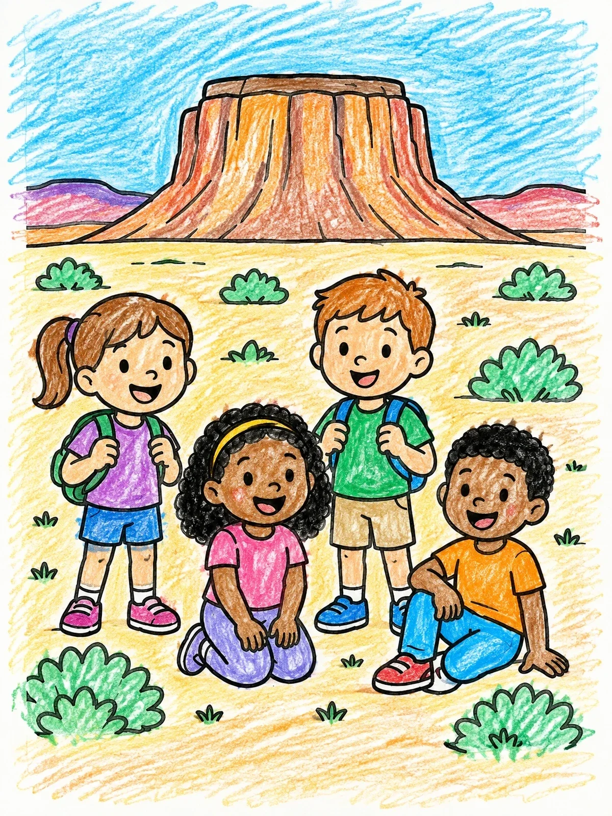 Colored example of the Happy Kids Visiting A Desert Mesa coloring page