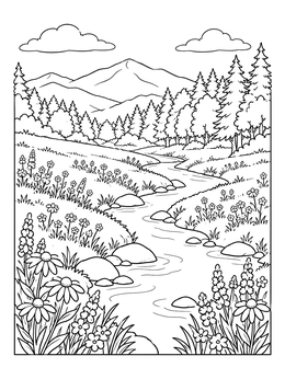 Free printable Meandering Stream Through Wildflower Valley coloring page