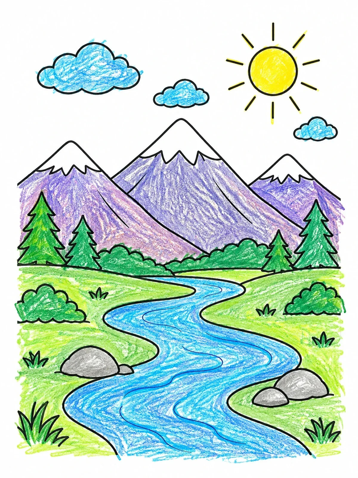 Colored example of the Sunny Mountain River Valley coloring page