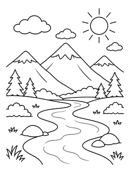 Free printable Sunny Mountain River Valley coloring page