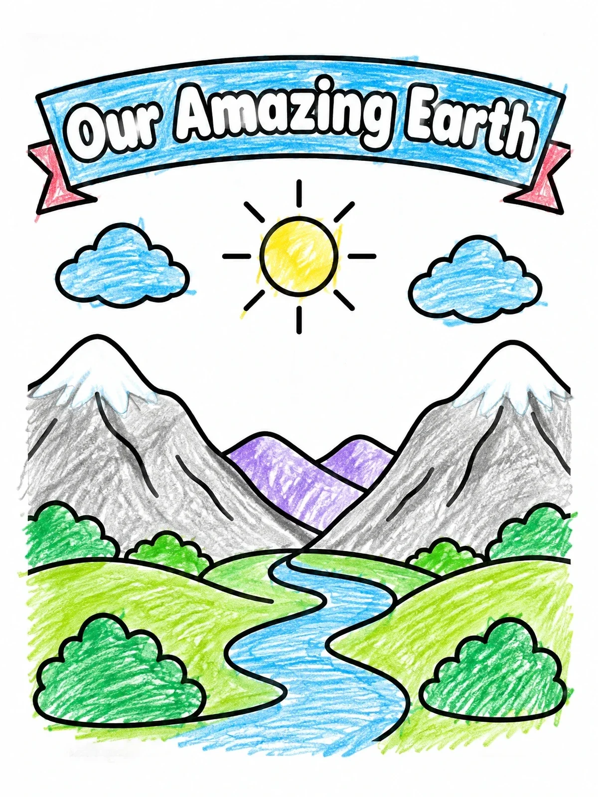 Colored example of the Valley And River Landscape coloring page
