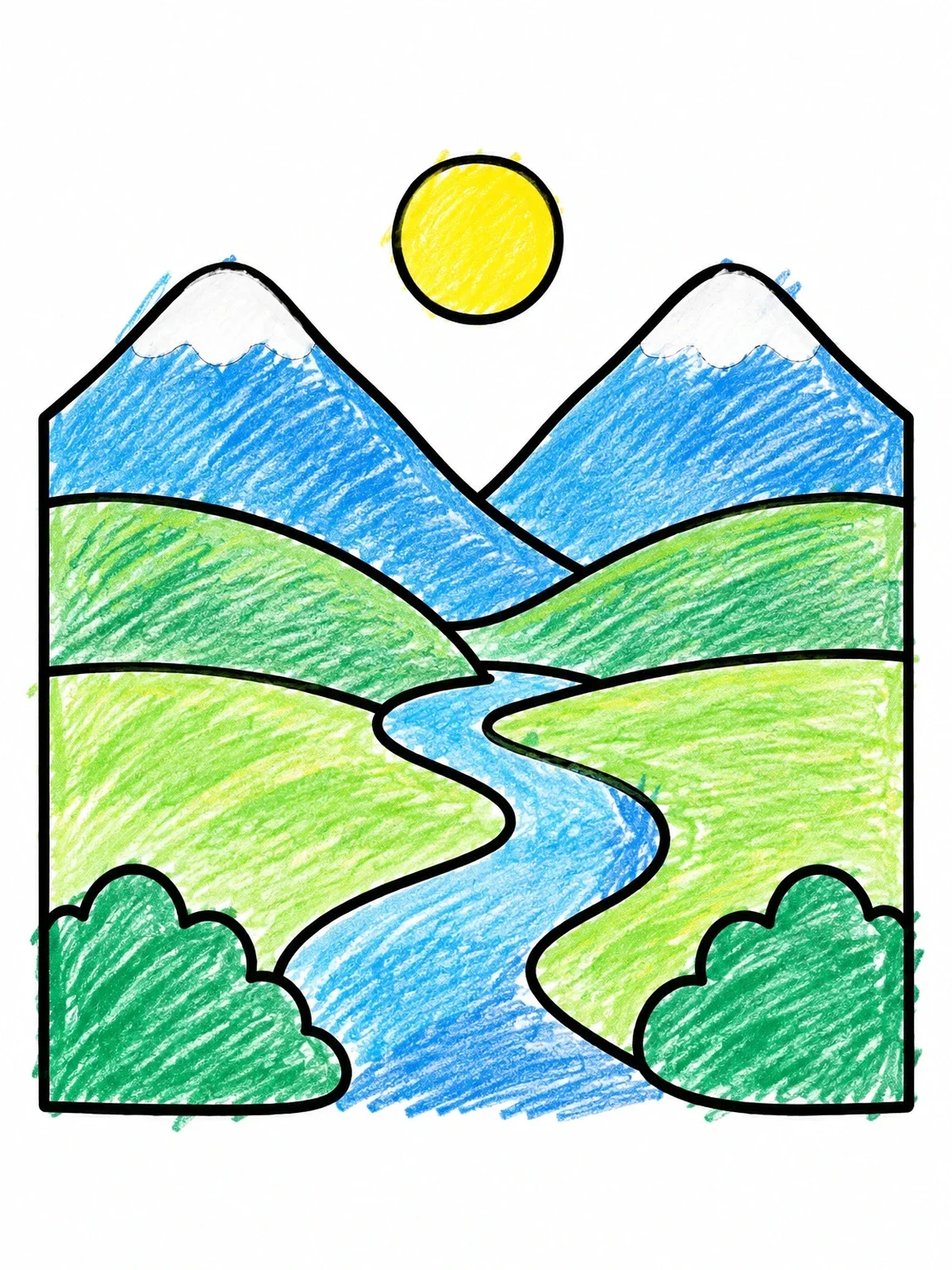 Colored example of the Sunny Valley With River coloring page