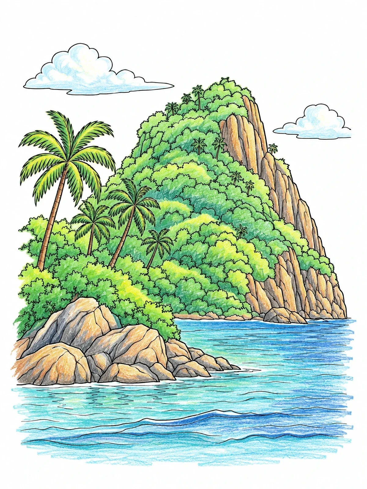 Colored example of the Tropical Island With Rocky Mountain coloring page