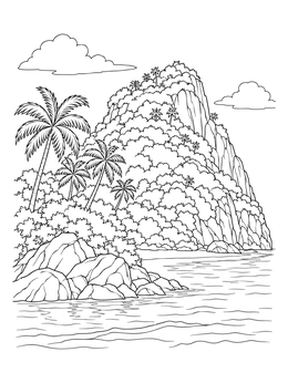Free printable Tropical Island With Rocky Mountain coloring page