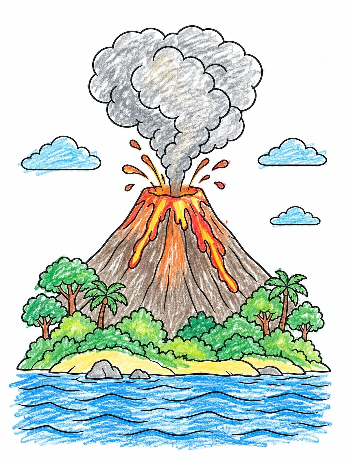 Colored example of the Tropical Volcano Eruption Island coloring page