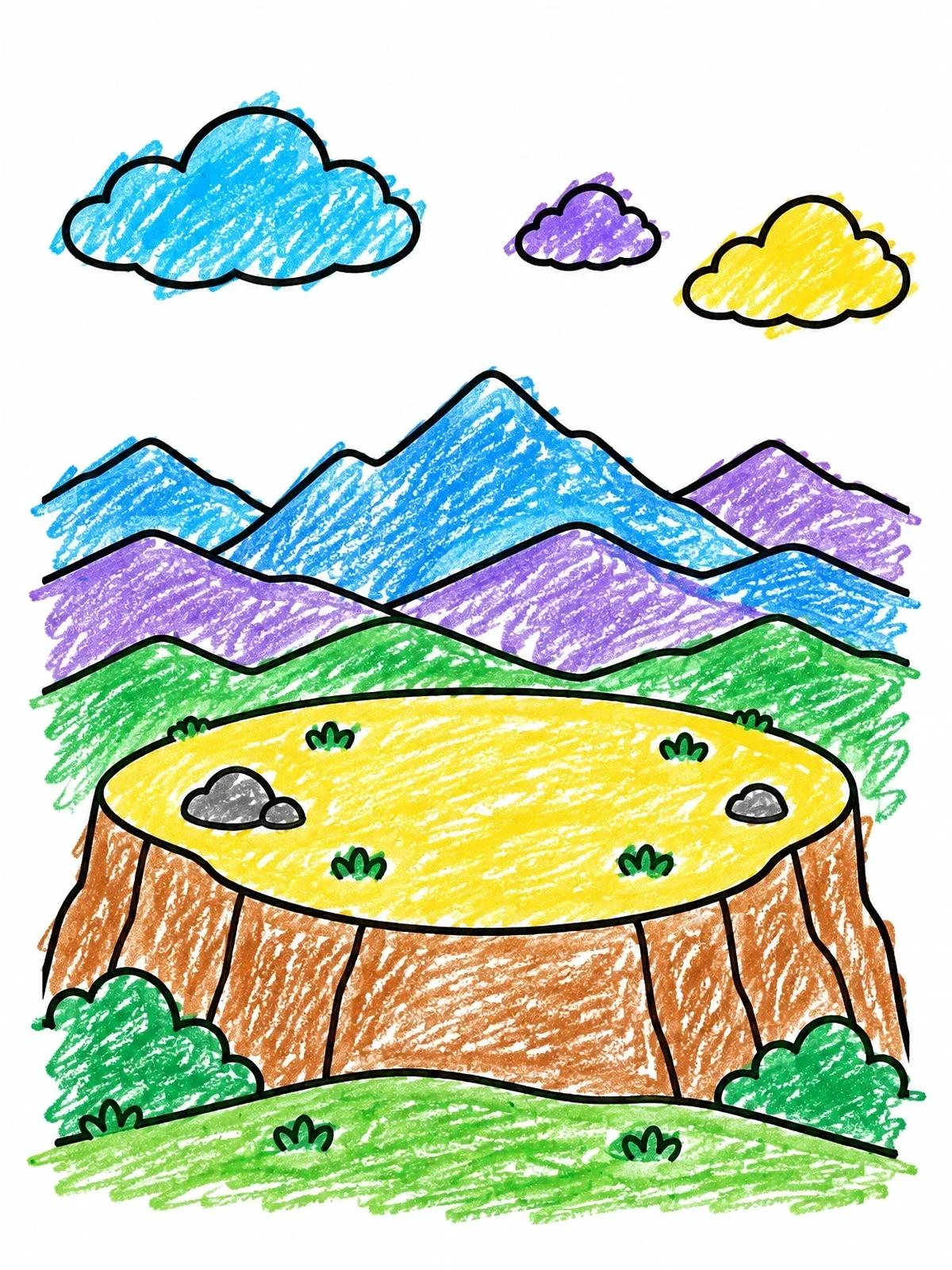 Colored example of the Wide Plateau And Mountain Landscape coloring page