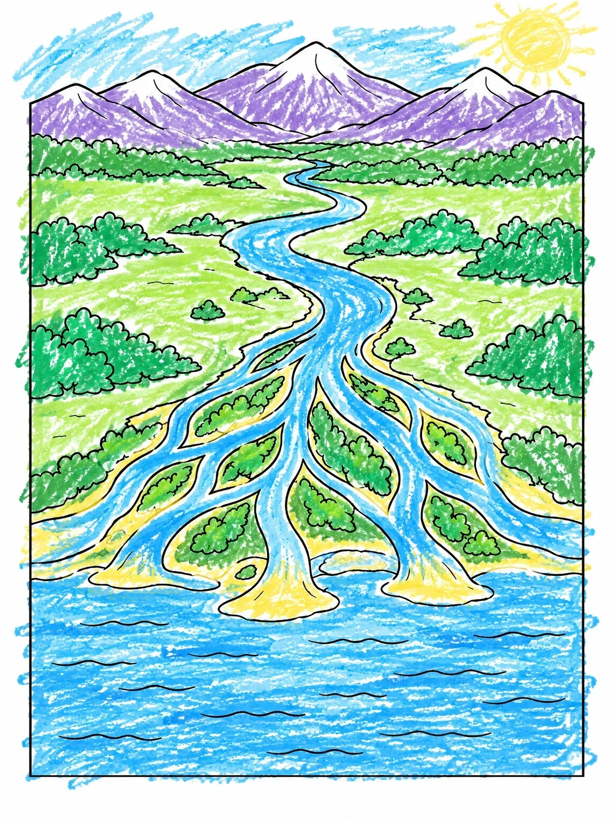 Colored example of the Winding River Delta Landscape coloring page