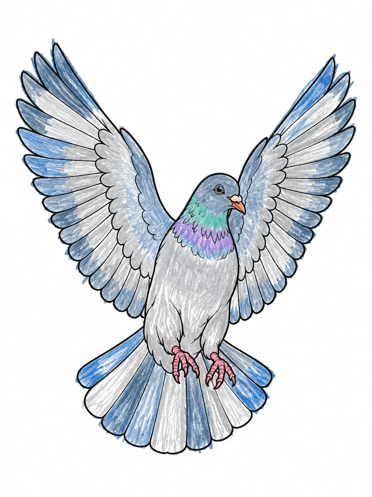 Colored example of the Landing Pigeon With Raised Wings coloring page