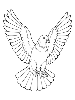 A detailed pigeon coloring page showing a bird landing with open wings.