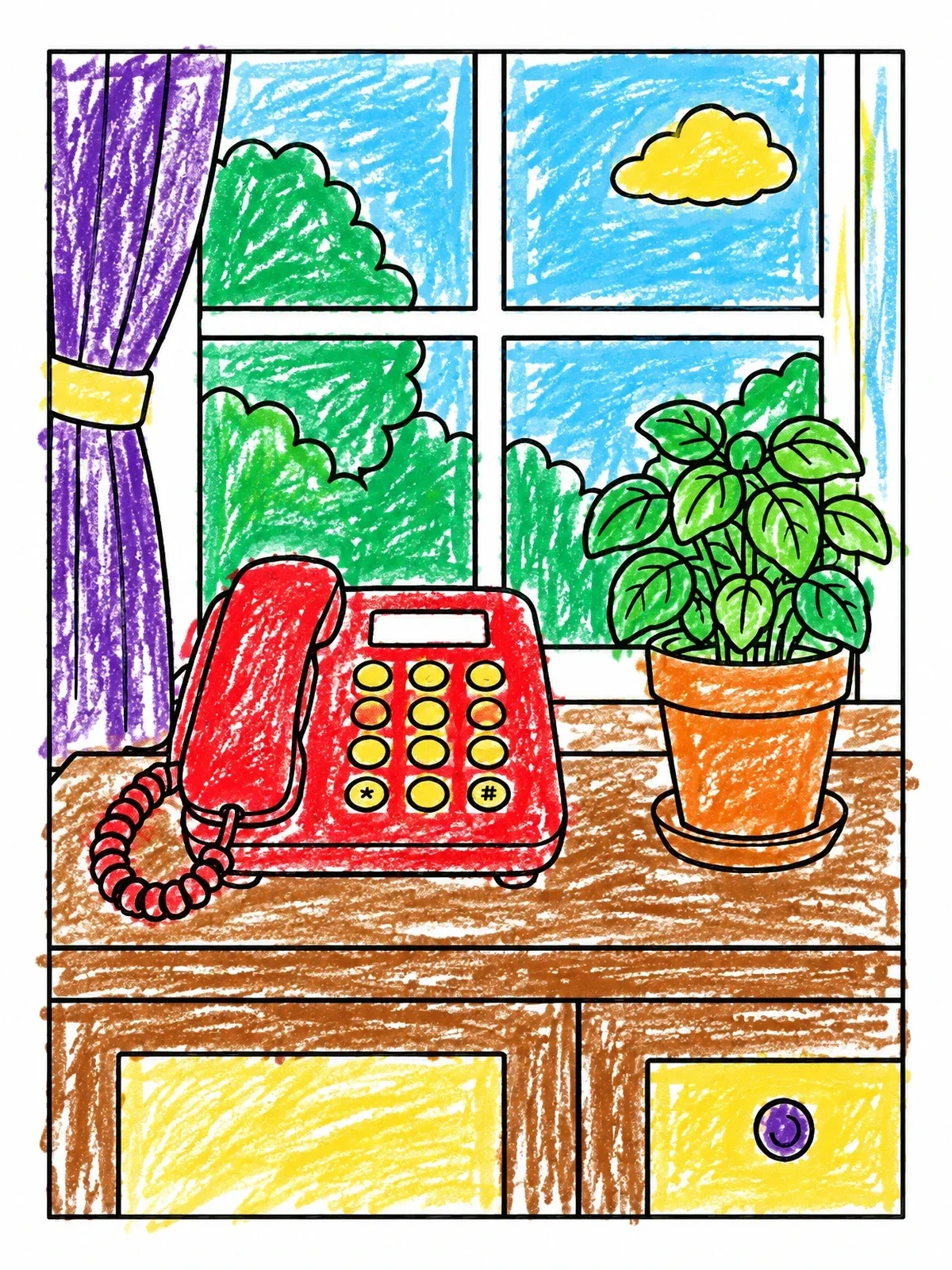 Colored example of the Landline Phone By Window Sill coloring page