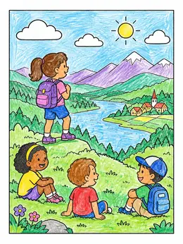 Children Hiking On A Hilltop – Landscape Coloring Page