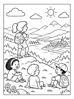 Free printable Children Hiking On A Hilltop coloring page