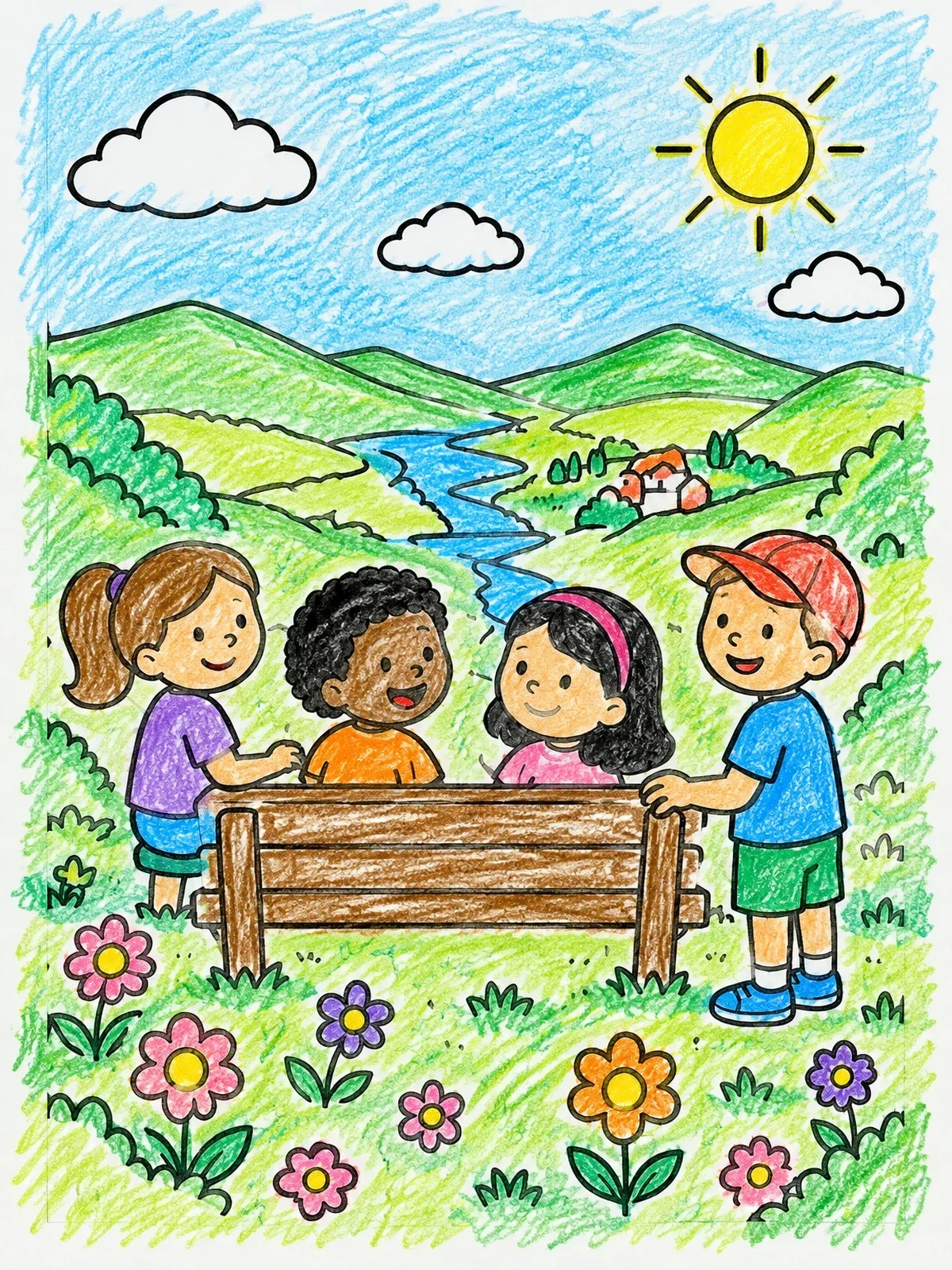 Colored example of the Children On A Scenic Mountain Hill coloring page