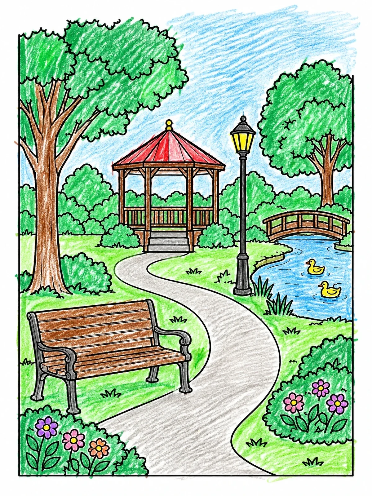 Colored example of the Community Park With Gazebo And Pond coloring page