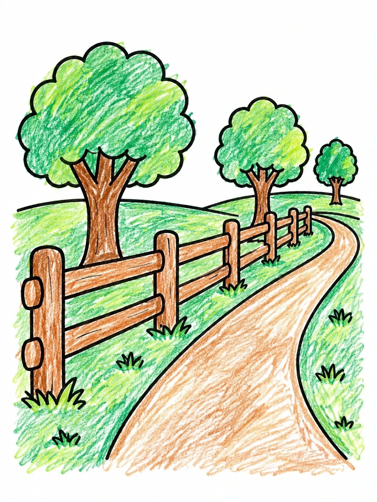Colored example of the Country Lane And Wooden Fence coloring page