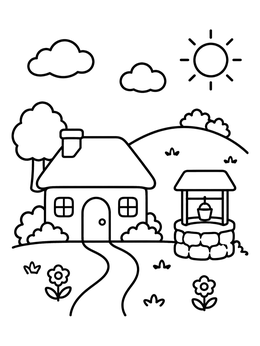 Free printable Cozy Country Cottage With Well coloring page