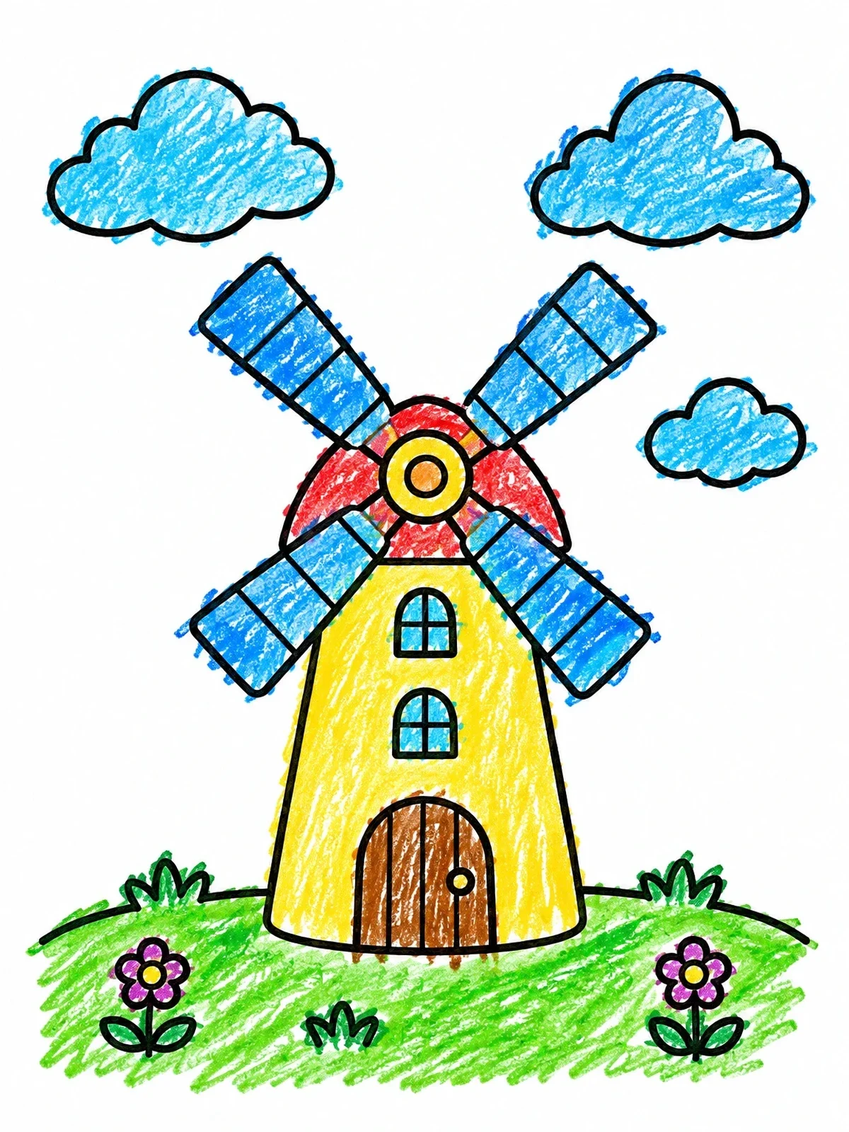 Colored example of the Cute Windmill In The Meadow coloring page