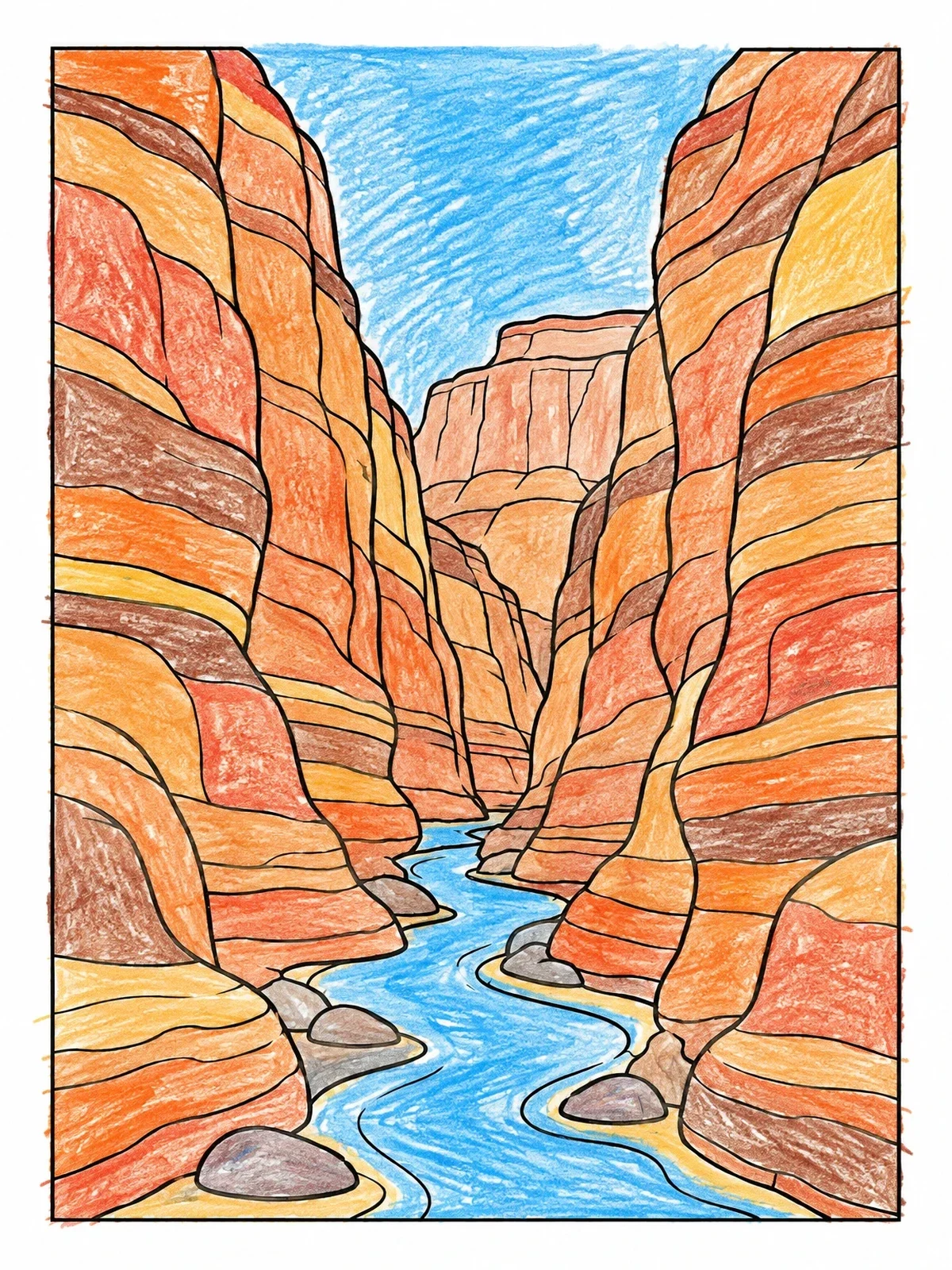 Colored example of the Deep Sandstone Gorge With River coloring page