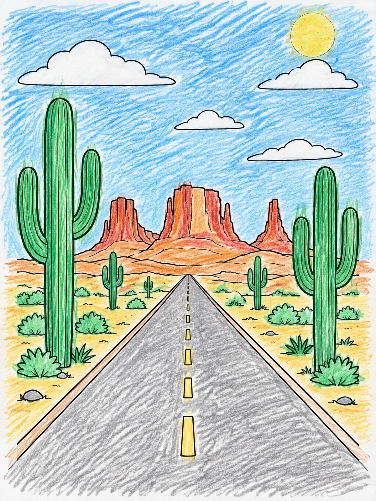 Colored example of the Desert Highway To Distant Buttes coloring page