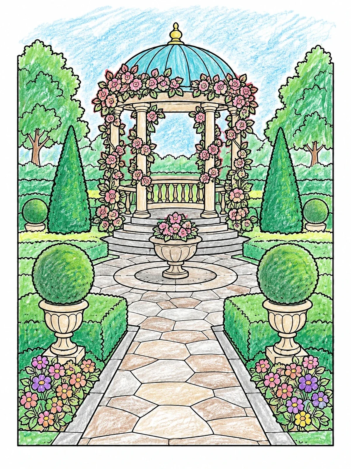 Colored example of the Formal Garden With Floral Gazebo coloring page