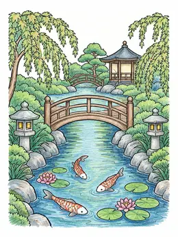 Japanese Garden With Koi Pond – Landscape Coloring Page