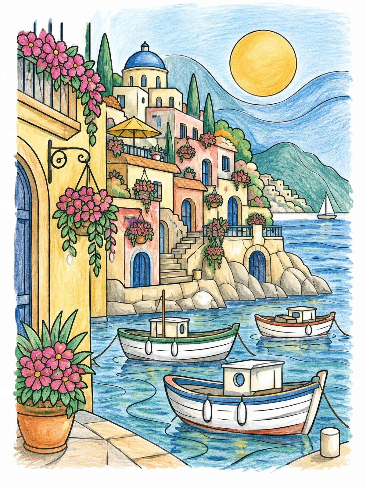 Colored example of the Mediterranean Coastal Village Harbor coloring page