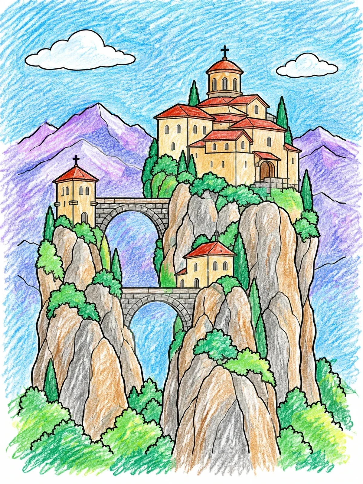 Colored example of the Mountain Monastery On Rocky Pinnacles coloring page