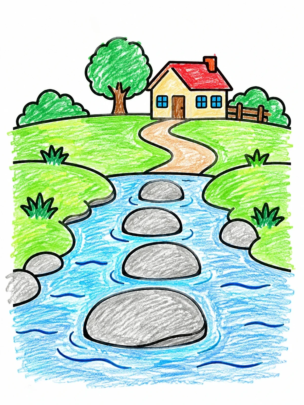 Colored example of the Stepping Stones Path To Farmhouse coloring page
