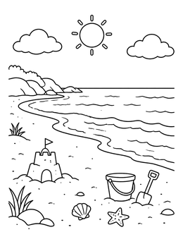 Free printable Sunny Beach With Sandcastle coloring page