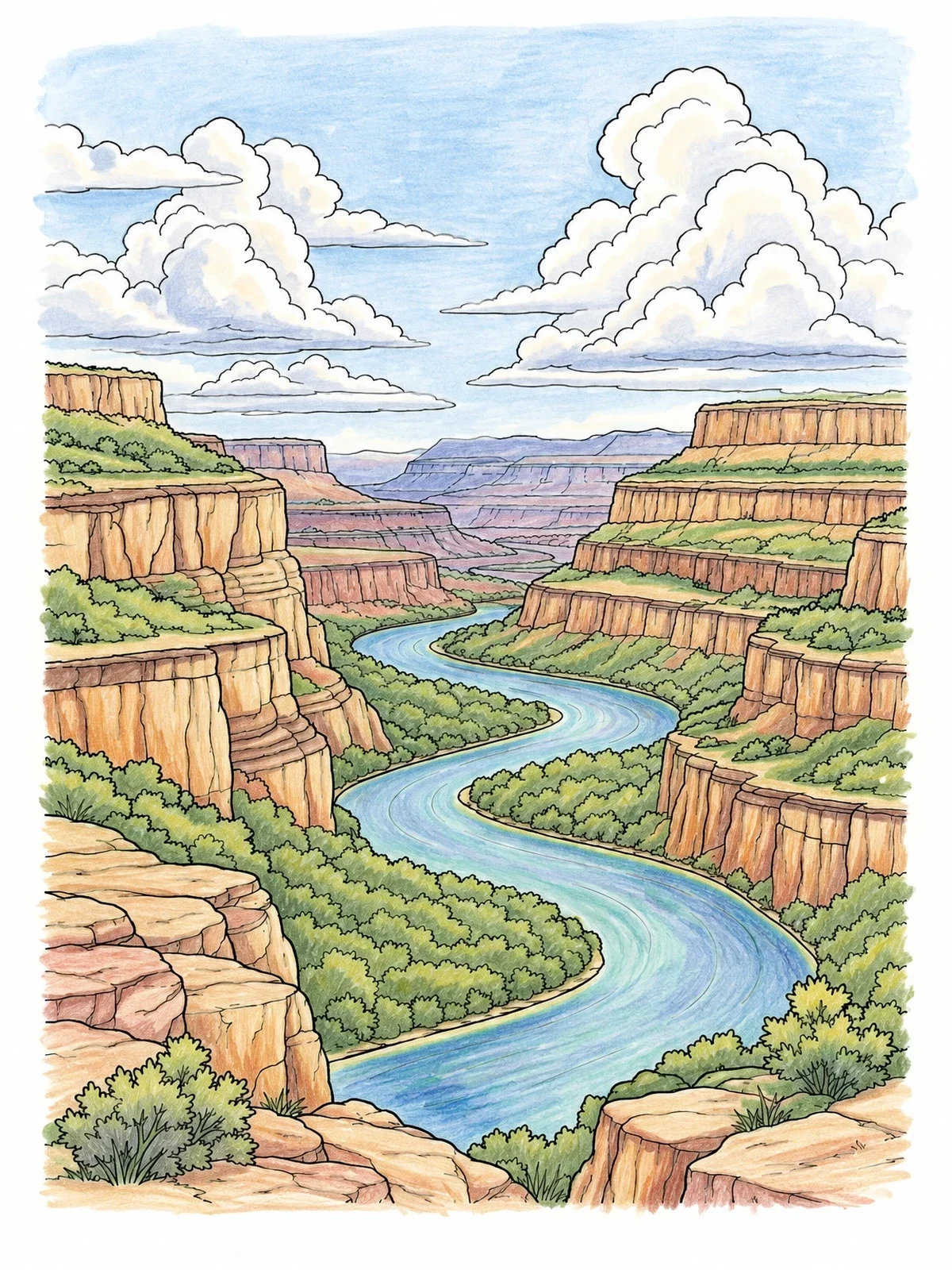 Colored example of the Winding Canyon River Valley coloring page