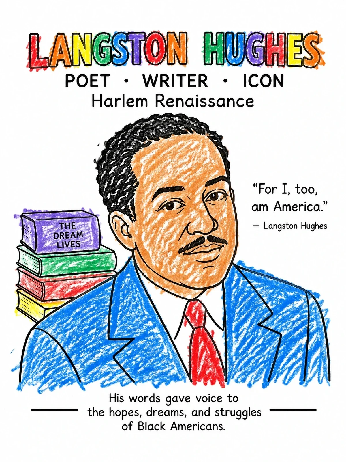 Colored example of the Langston Hughes Harlem Renaissance Portrait coloring page