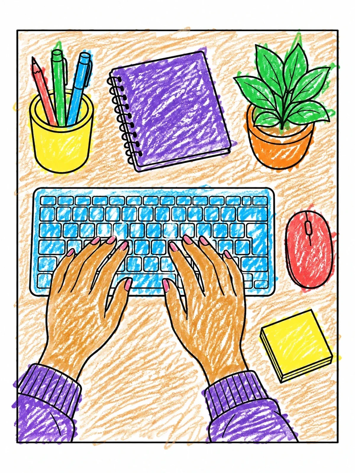 Colored example of the Hands Typing On Keyboard Desk Setup coloring page