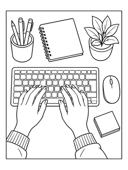 Free printable Hands Typing On Keyboard Desk Setup coloring page