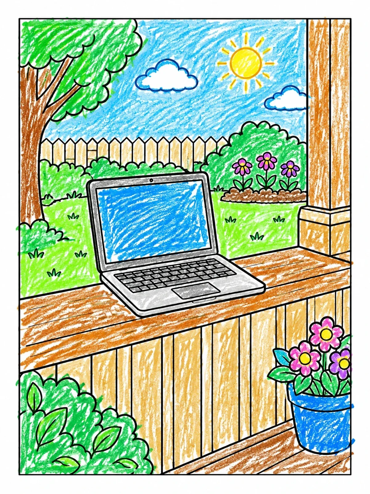 Colored example of the Laptop On Sunny Porch Railing coloring page
