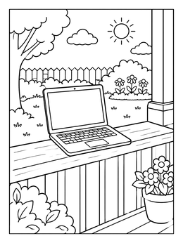 Free printable Laptop On Sunny Porch Railing coloring page