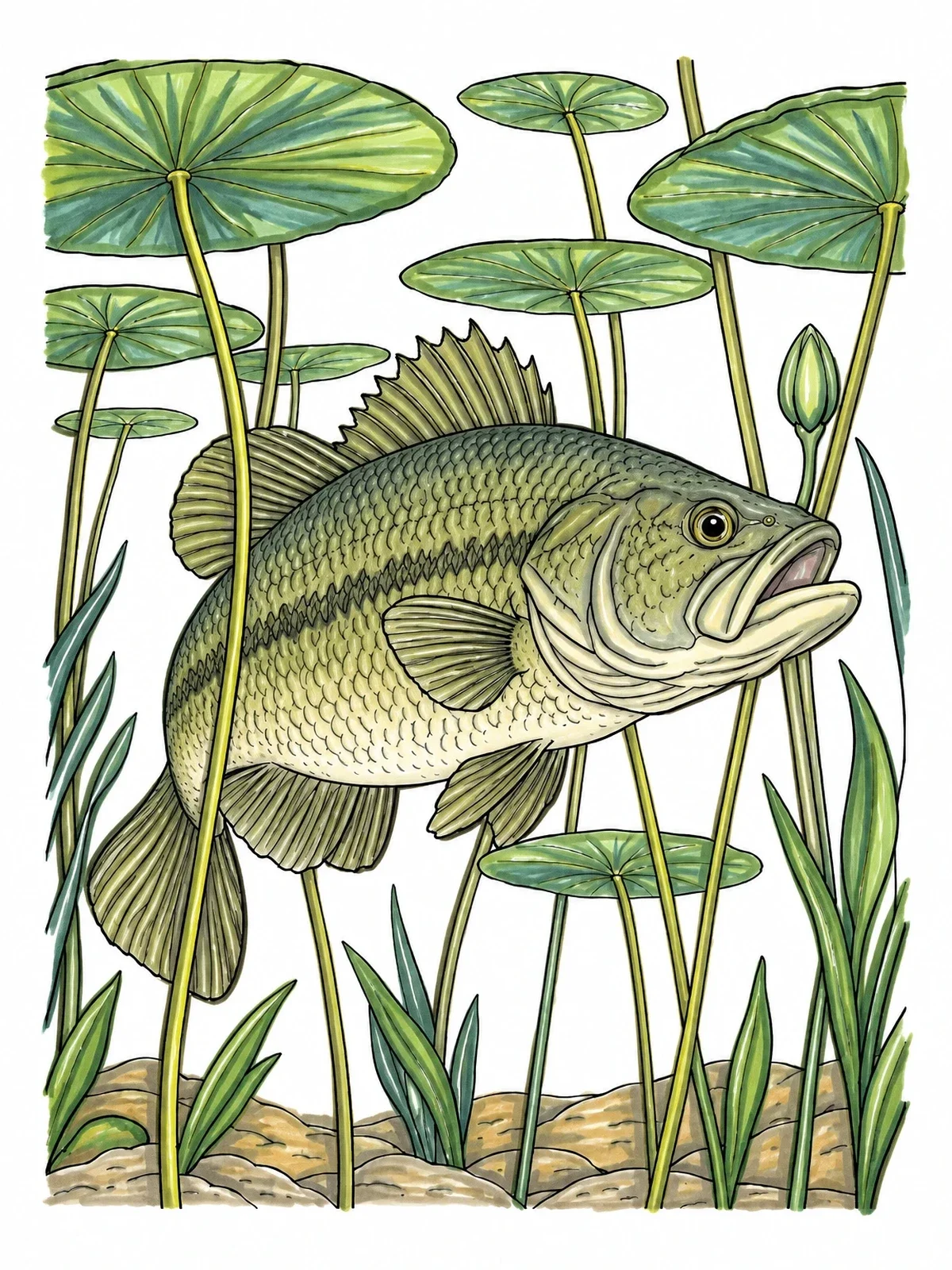 Colored example of the Largemouth Bass Among Lily Pads coloring page