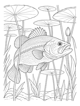 Detailed bass coloring page showing a largemouth bass swimming among lily pads underwater.