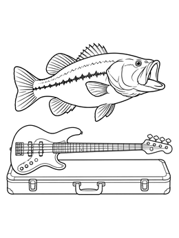 A creative bass coloring page featuring a largemouth fish alongside an electric bass guitar on a hard case.