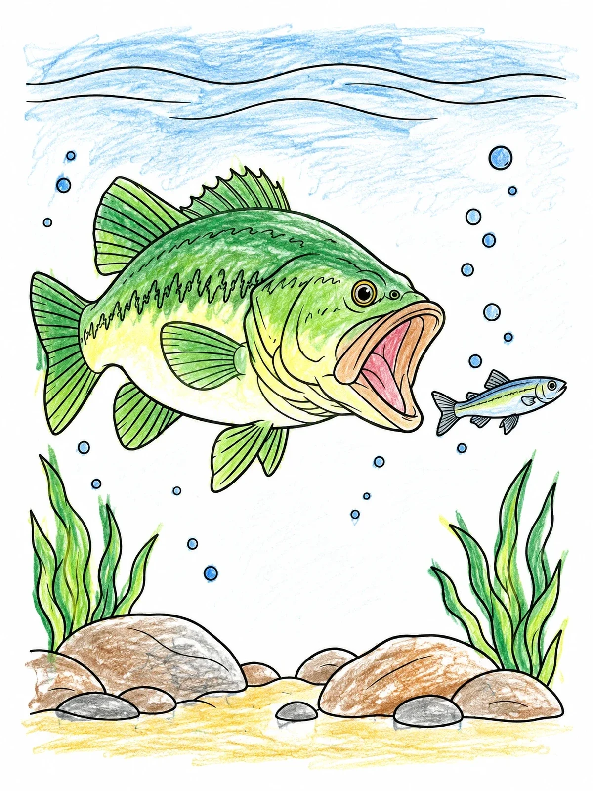 Colored example of the Largemouth Bass Chasing A Minnow coloring page