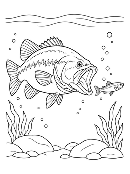 A detailed bass coloring page showing a largemouth bass pursuing a tiny minnow underwater.