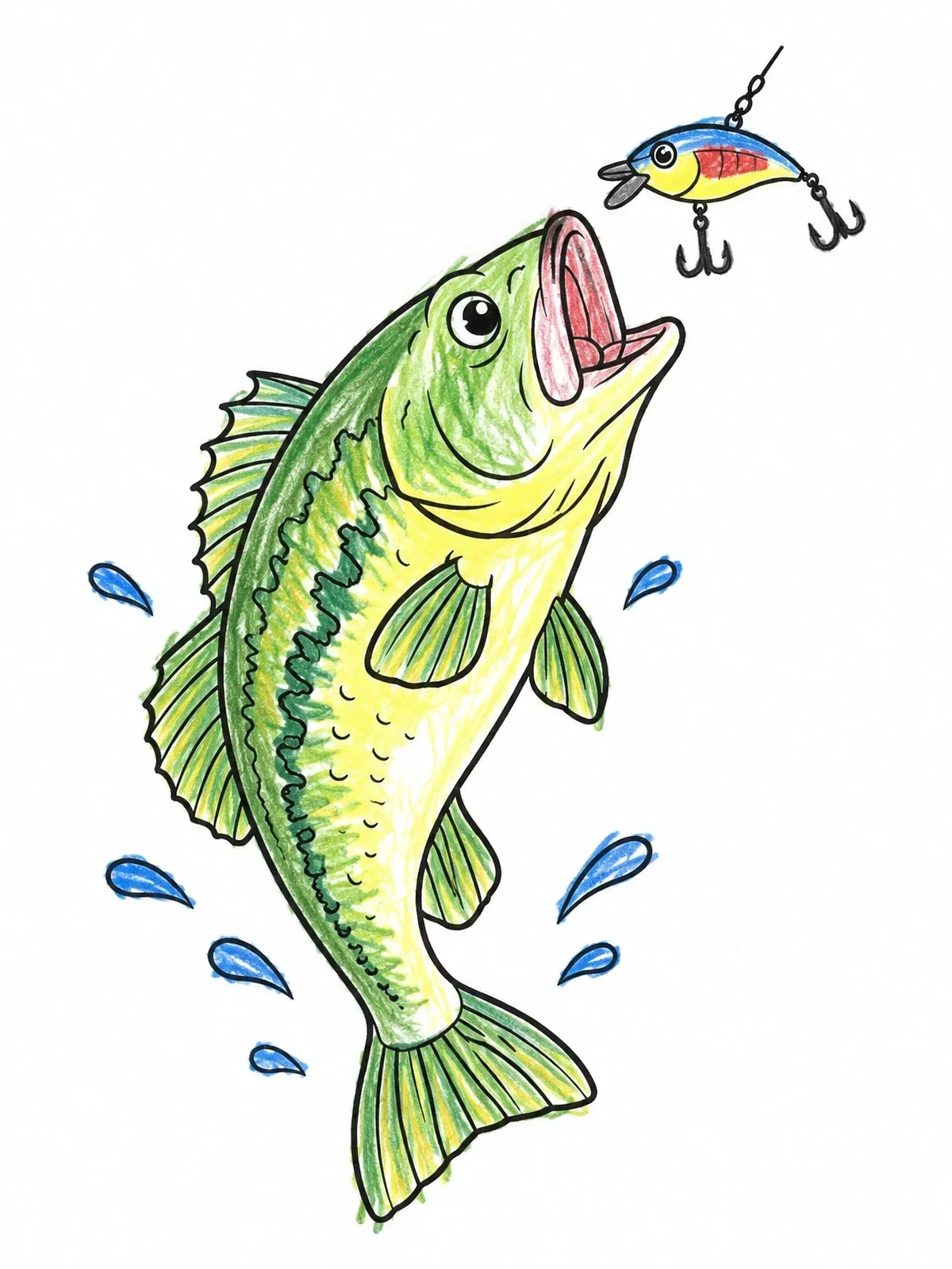 Colored example of the Largemouth Bass Leaping For Lure coloring page