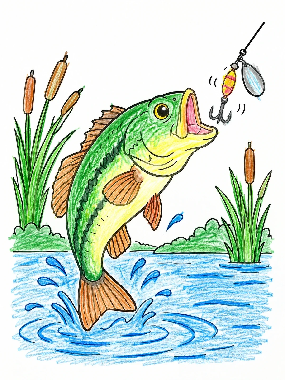 Colored example of the Largemouth Bass Leaping For Lure coloring page