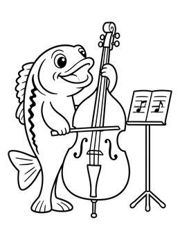 A cheerful cartoon fish plays an upright instrument in this bass coloring page.