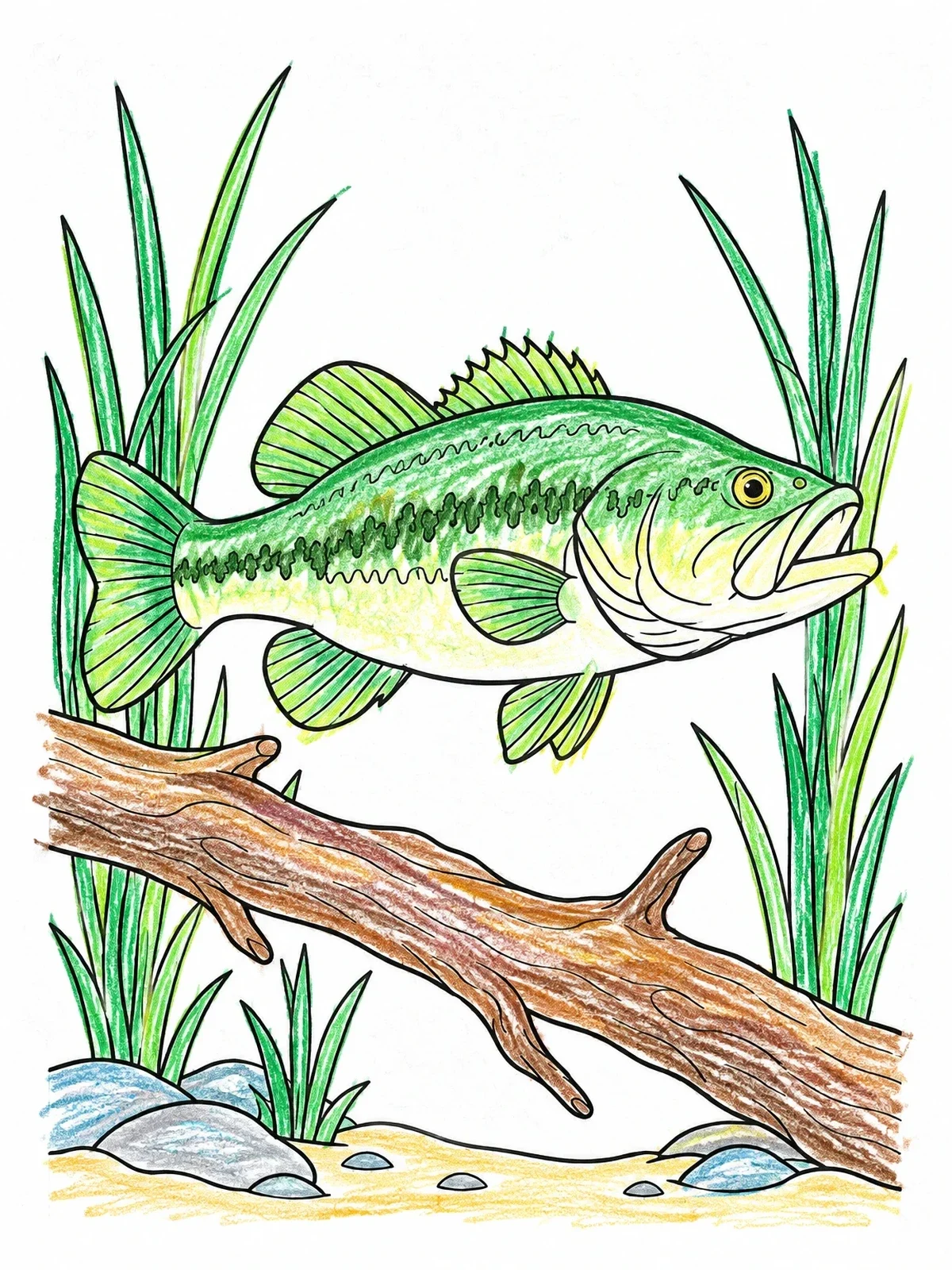 Colored example of the Largemouth Bass Near Sunken Log coloring page
