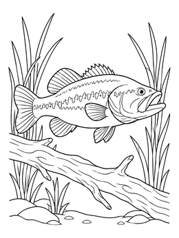 A largemouth bass coloring page featuring a fish swimming past reeds and a submerged log.