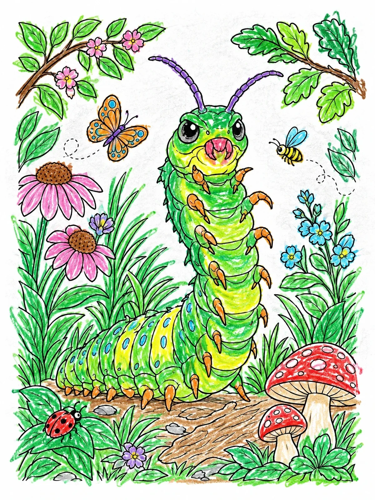 Colored example of the Alert Caterpillar In The Garden coloring page